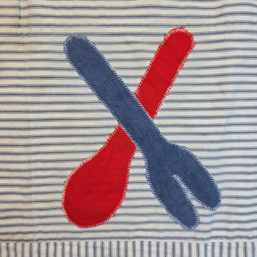 VTG Handmade Hickory Stripe Apron Applique Blue White‎ Utensils Cooking Pockets